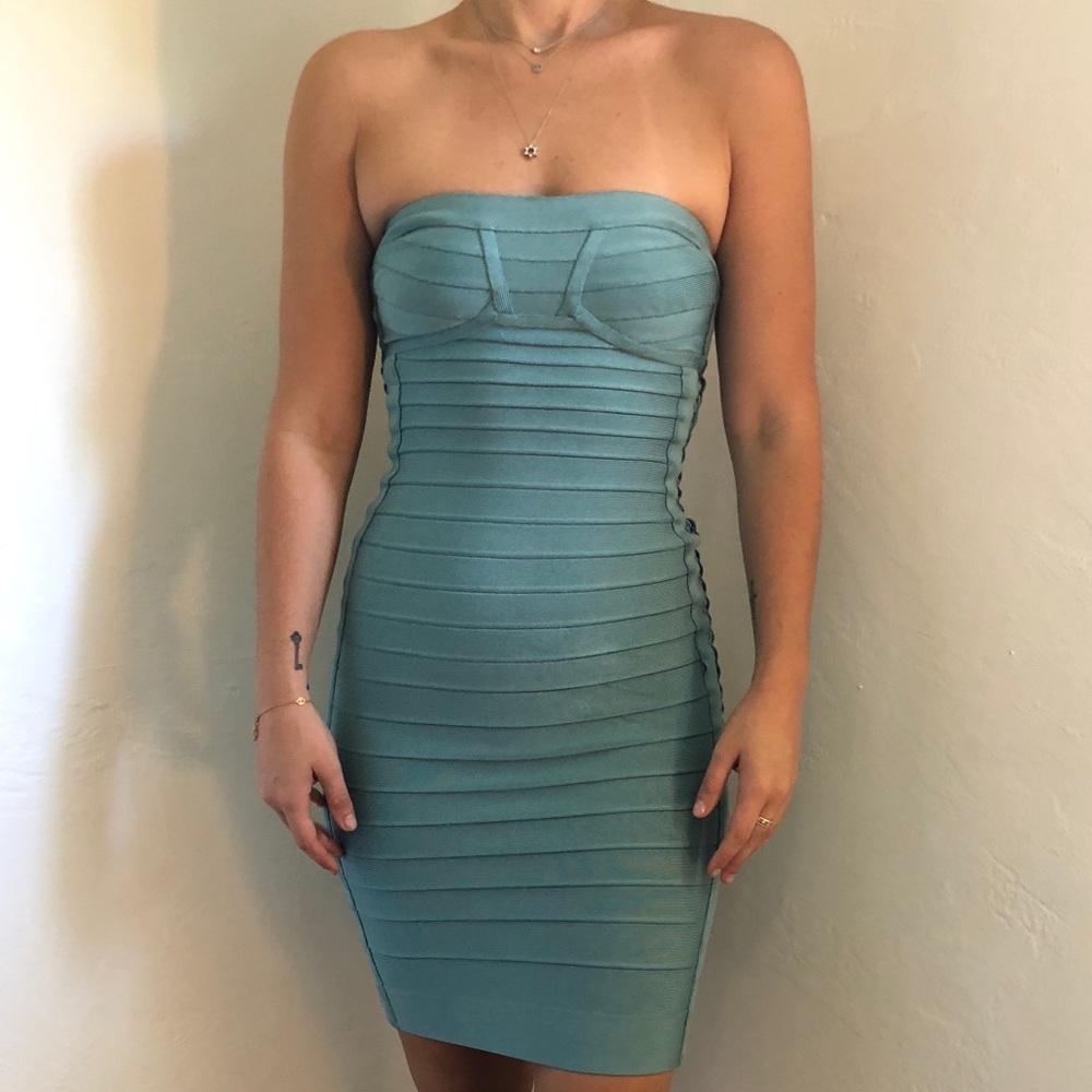 Herve Leger Adriana Cut out Side Dress in Blue - Picture 2 of 9